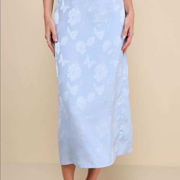 LULUS Delightful Approach Light Blue Floral Jacquard Midi‎ Skirt Size Large NWT - Picture 2 of 7